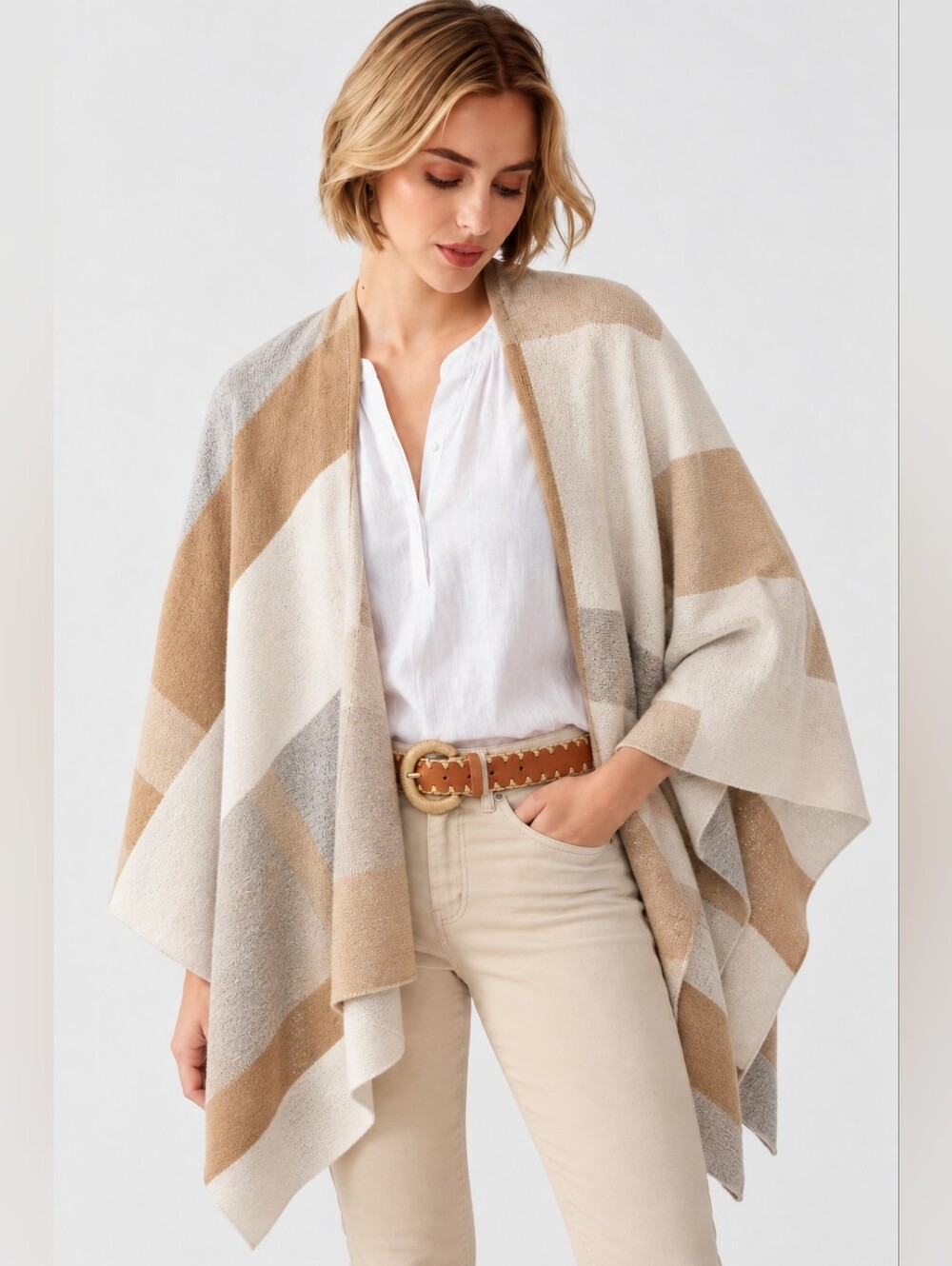J. McLaughlin Colorblock Knit Wrap Poncho Cardigan OS Neutral